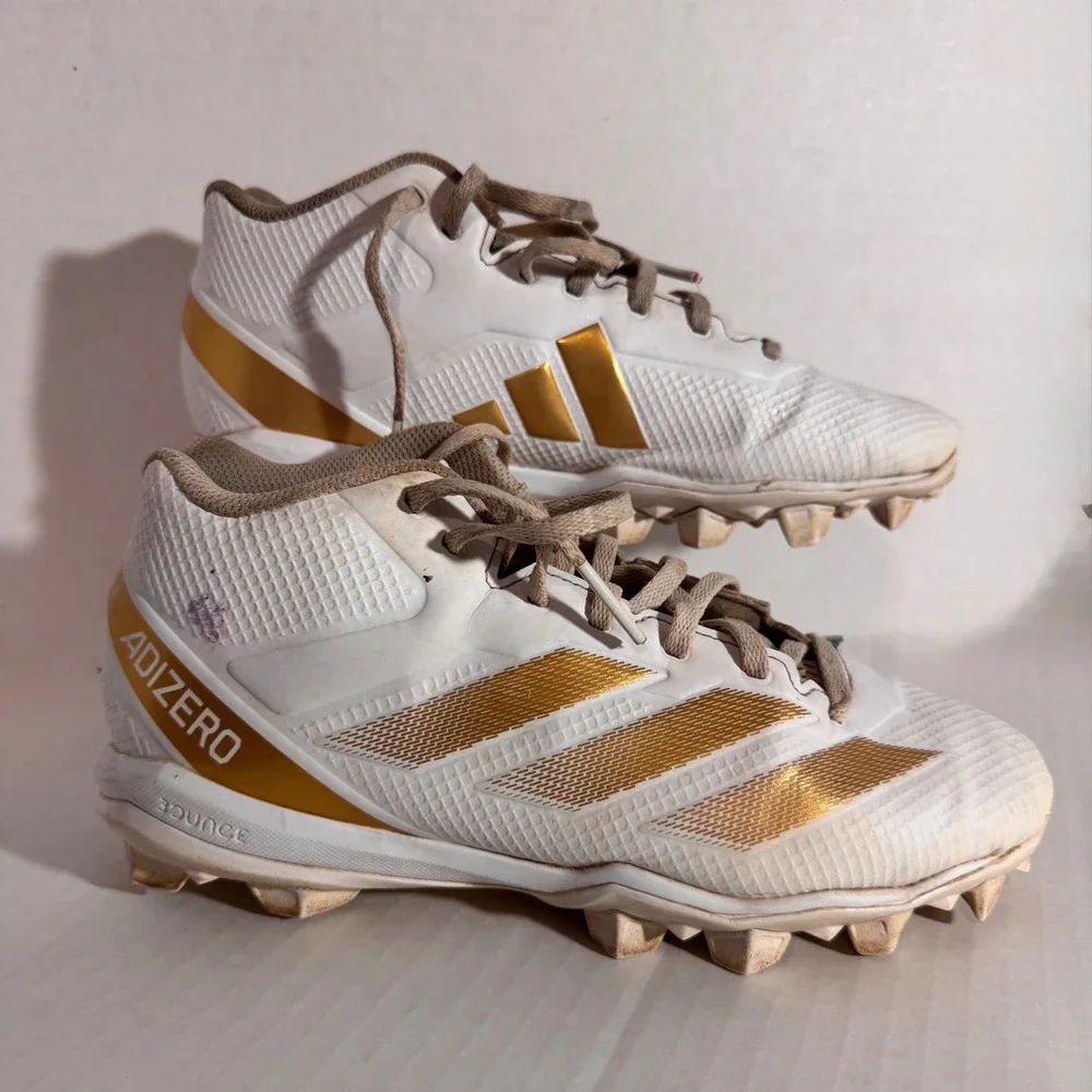Adidas Adizero Football Cleats White Metallic Gold Mid Top Shoes Bounce